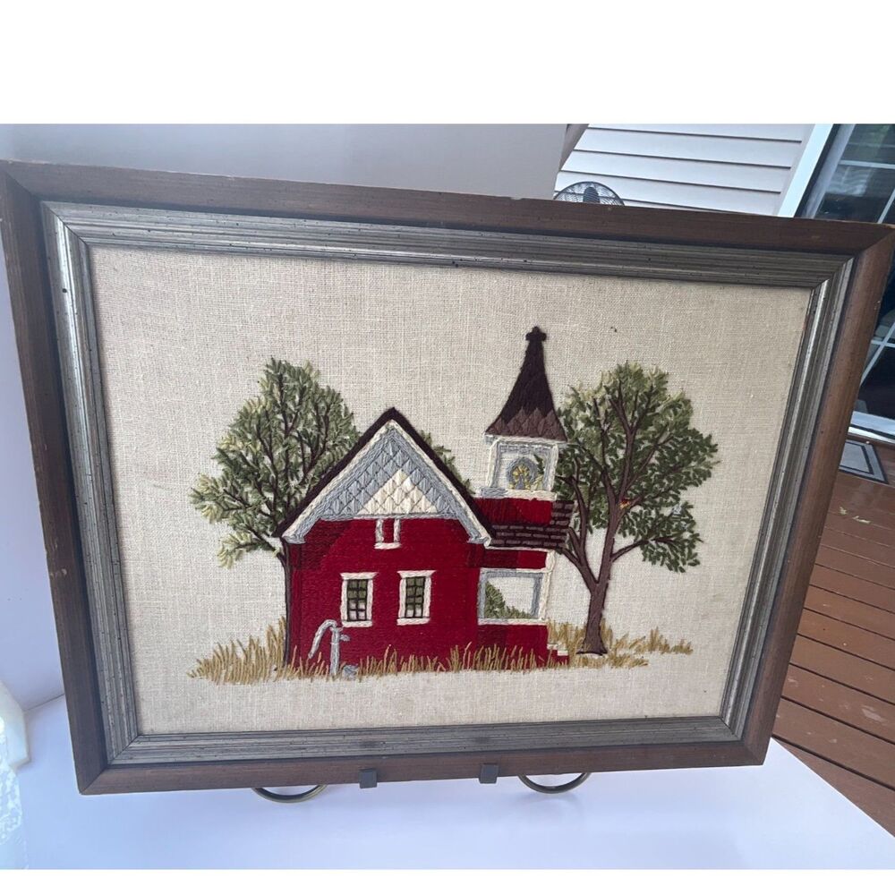 The Little Red Schoolhouse crewel embroidery piece 1972 Grandmacore Cottagecore